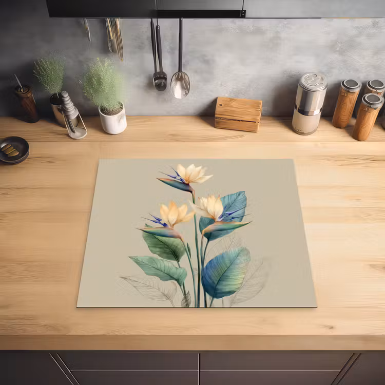 Paradijsvogelbloemen - Blauwgroene bladeren - Beige Inductie beschermer vinyl 3mm middel -sfeer5