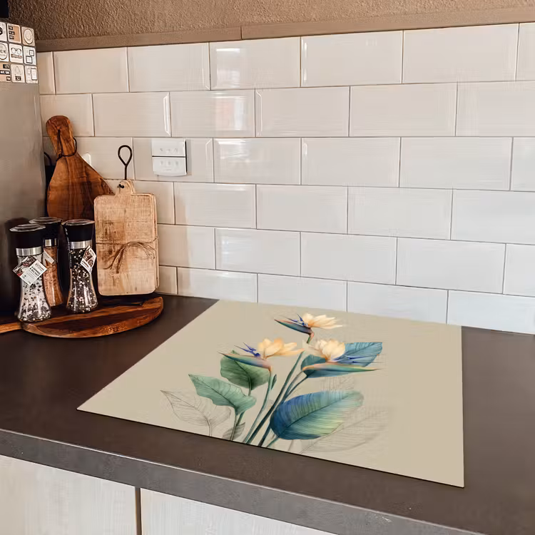 Paradijsvogelbloemen - Blauwgroene bladeren - Beige Inductie beschermer vinyl 3mm middel -sfeer3