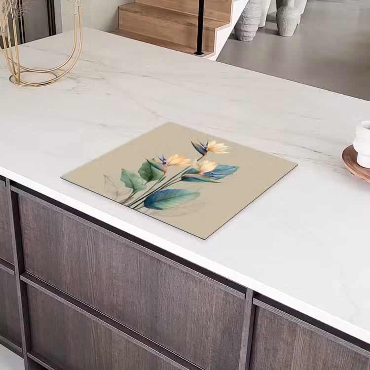 Paradijsvogelbloemen - Blauwgroene bladeren - Beige Inductie beschermer vinyl 3mm middel -sfeer8