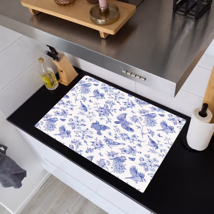 Birds - Flowers - Blue Inductie beschemer met haakjes klein 777 -sfeer1