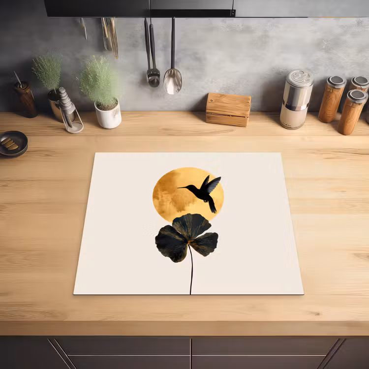 Zwarte kolibrie - Bloem - Gouden cirkel Inductie beschermer vinyl 3mm middel -sfeer5