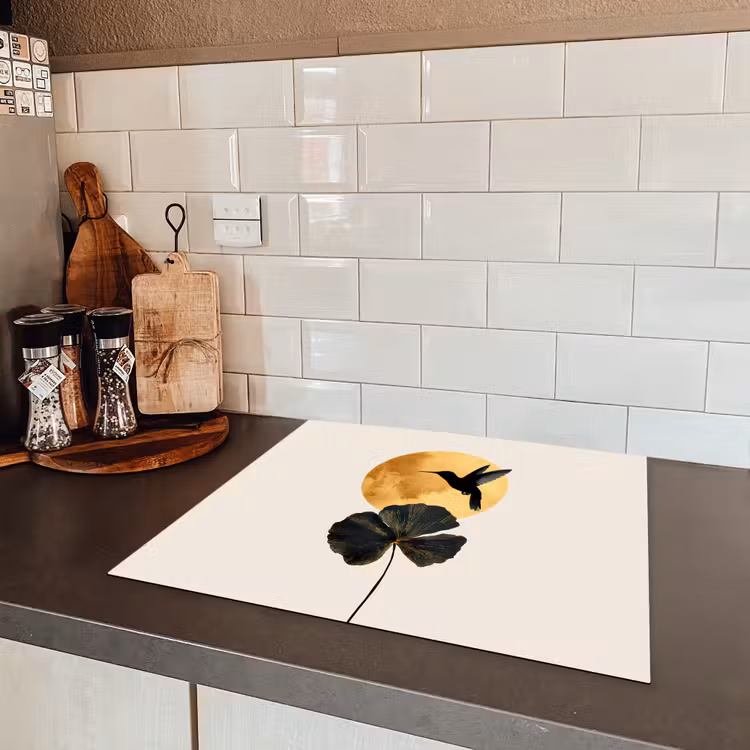 Zwarte kolibrie - Bloem - Gouden cirkel Inductie beschermer vinyl 3mm middel -sfeer3
