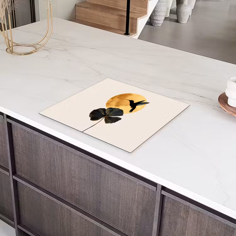 Zwarte kolibrie - Bloem - Gouden cirkel Inductie beschermer vinyl 3mm middel -sfeer8