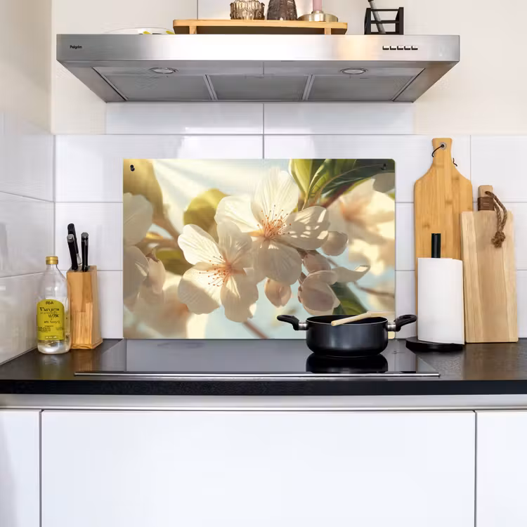 Bloesems - Wit - Zonnestralen - Bloemblaadjes Inductie beschemer met haakjes klein -sfeer2