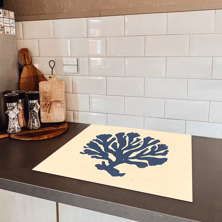 Blauw koraal - Vertakkingen - Beige Inductie beschermer vinyl 3mm middel -sfeer3