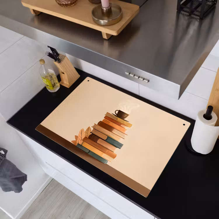 Boeken - Toren - Koffie - Beige Inductie beschemer met haakjes klein -sfeer1