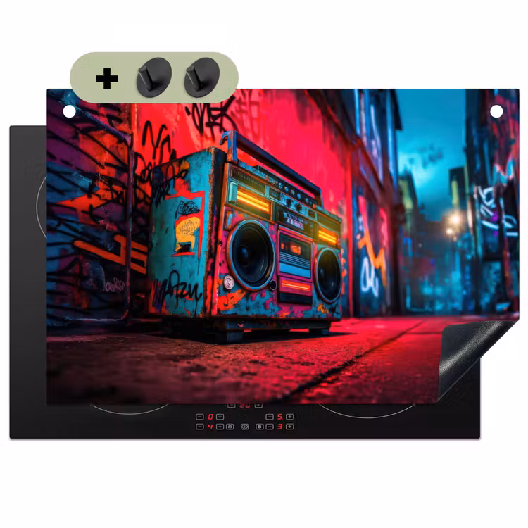 Boombox - Rood - Graffiti - Neon Inductie beschemer met haakjes klein -3d