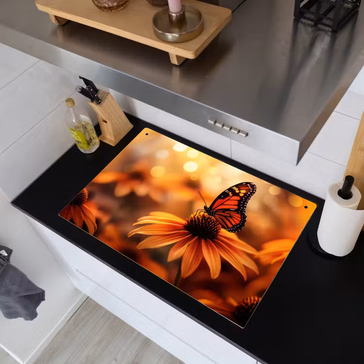 Vlinder - Bloemen - Oranje Inductie beschemer met haakjes klein -sfeer1