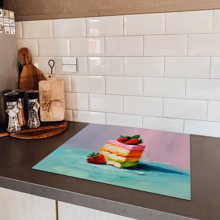 Taartje - Aardbeien - Glazuur - Kleurrijk Inductie beschermer vinyl 3mm middel -sfeer3