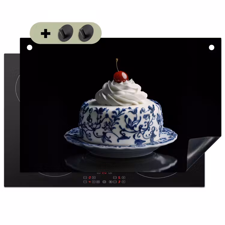 Taart - Slagroom - Kers - Bord - Delfts blauw Inductie beschemer met haakjes klein -3d