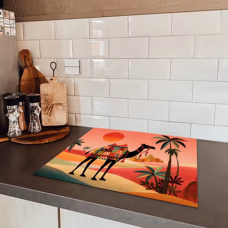 Kameel - Gekleurd tapijt - Duinen - Rode zon Inductie beschermer vinyl 3mm middel -sfeer3