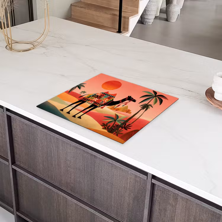 Kameel - Gekleurd tapijt - Duinen - Rode zon Inductie beschermer vinyl 3mm middel -sfeer8