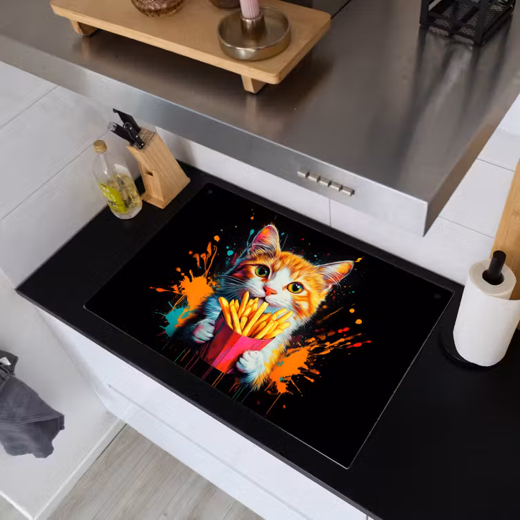 Kat - Eten - Patat - Graffiti - Abstract Inductie beschemer met haakjes klein -sfeer1