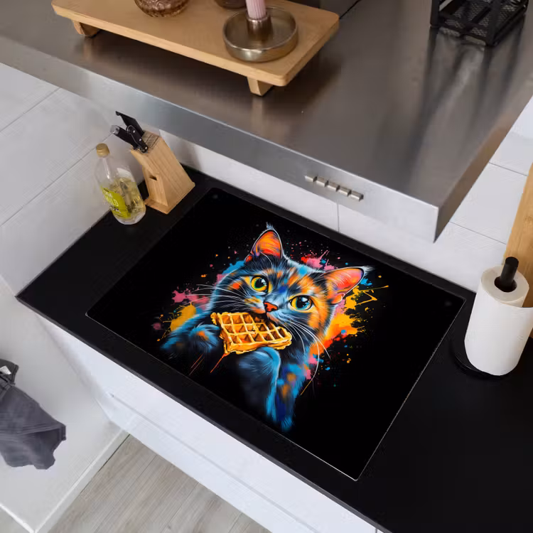 Kat - Graffiti - Kleurrijk - Wafel - Eten Inductie beschemer met haakjes klein -sfeer1