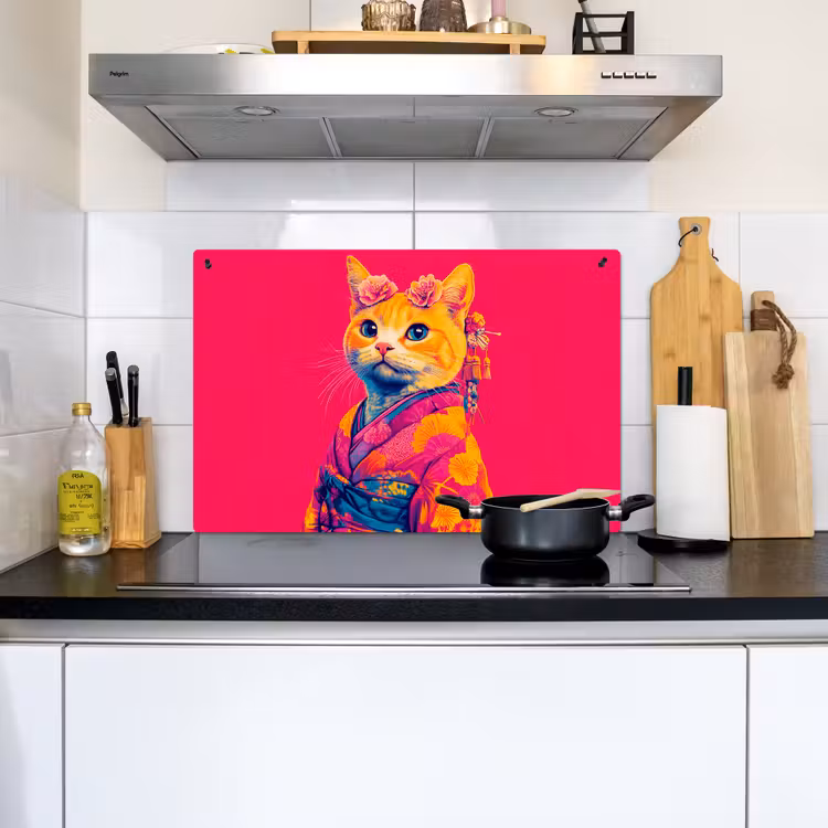Kat - Kimono - Bloemen - Roze Inductie beschemer met haakjes klein -sfeer2