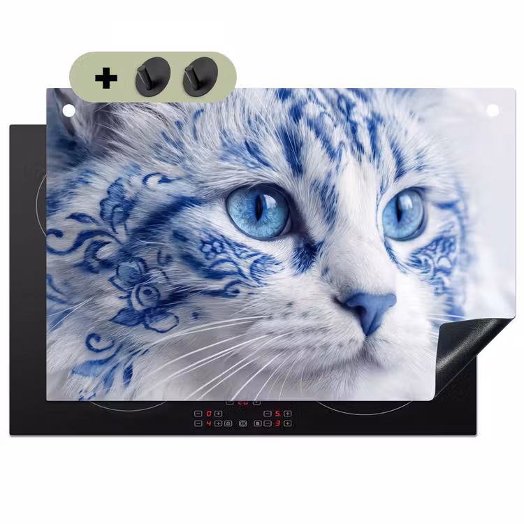 Kat - Patroon - Blauw Inductie beschemer met haakjes klein -3d