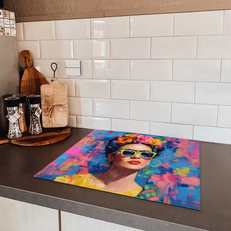 Vrolijk portret - Vrouw - Bloemenkroon Inductie beschermer vinyl 3mm middel -sfeer3