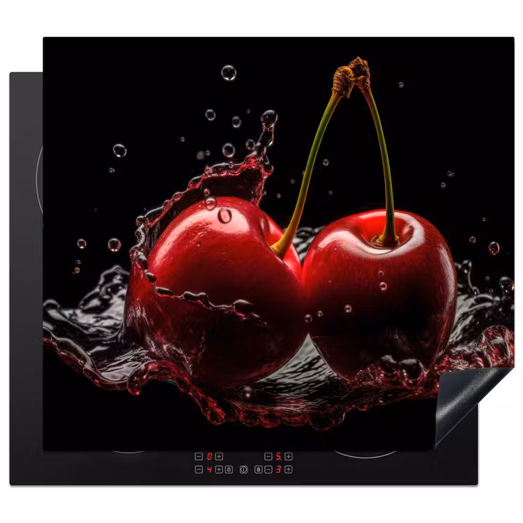 Kersen - Rood - Fruit - Water - Zwart Inductie beschermer vinyl 3mm middel -3d