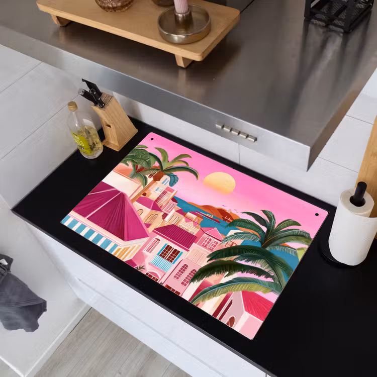 Stad - Roze - Palmbomen Inductie beschemer met haakjes klein -sfeer1