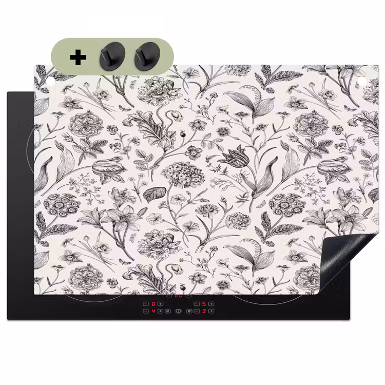 Classic - Black - White - Floral Inductie beschemer met haakjes klein 777 -3d