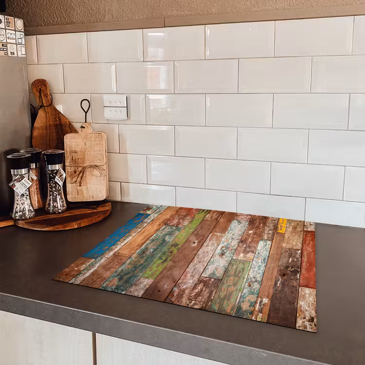 Kleurrijk Verweerd Hout Inductie beschermer vinyl 3mm middel -sfeer3