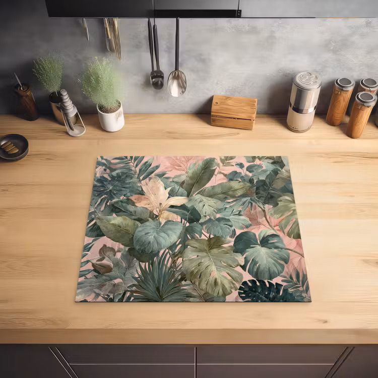 Compositie van bladeren - Groen - Roze Inductie beschermer vinyl 3mm middel -sfeer5