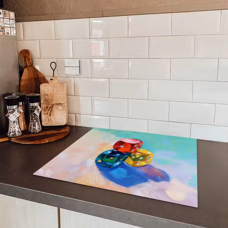 Dobbelstenen - Kleurrijk - Getallen - Stipjes Inductie beschermer vinyl 3mm middel -sfeer3