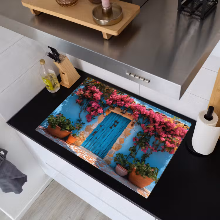 Deur - Hout - Bloemen - Blauw Inductie beschemer met haakjes klein -sfeer1