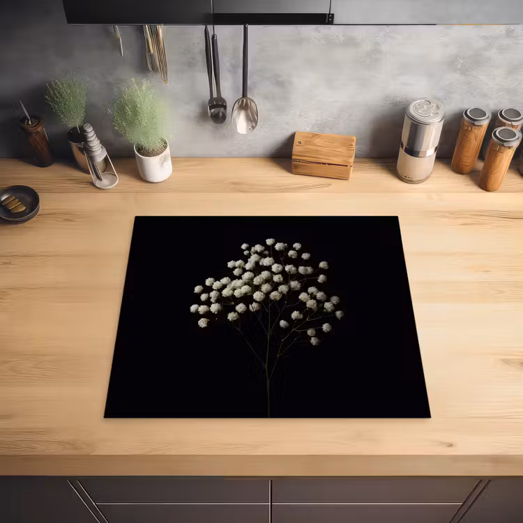 Gipskruid - Bloemetjes - Wit - Minimalistisch Inductie beschermer vinyl 3mm middel -sfeer5