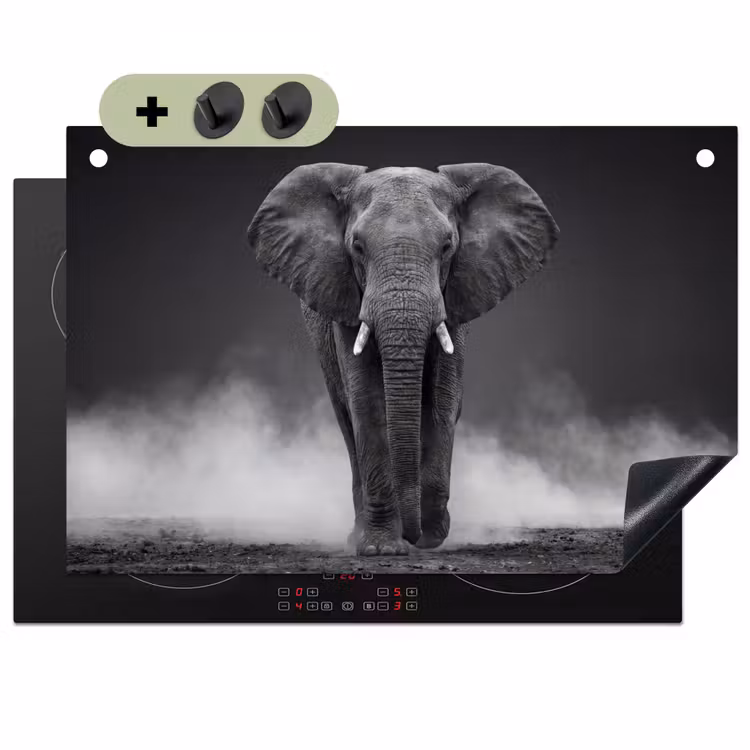 Olifant - Zwart - Wit - Rook Inductie beschemer met haakjes klein -3d