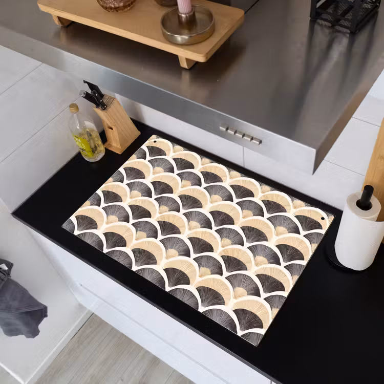 Waaier - Patroon - Zwart - Beige Inductie beschemer met haakjes klein 777 -sfeer1