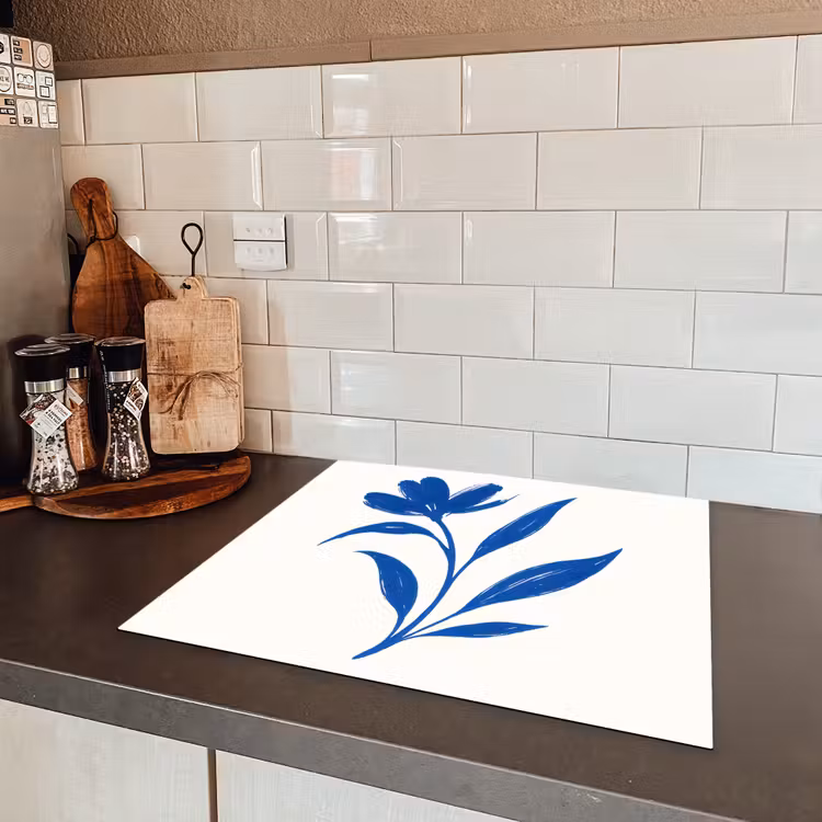 Bloem - Blaadjes - Minimalistisch - Blauw Inductie beschermer vinyl 3mm middel -sfeer3