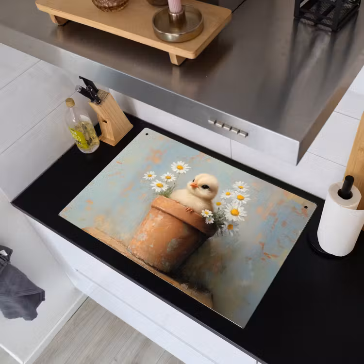 Bloempot - Kuiken - Bloemetjes Inductie beschemer met haakjes klein -sfeer1