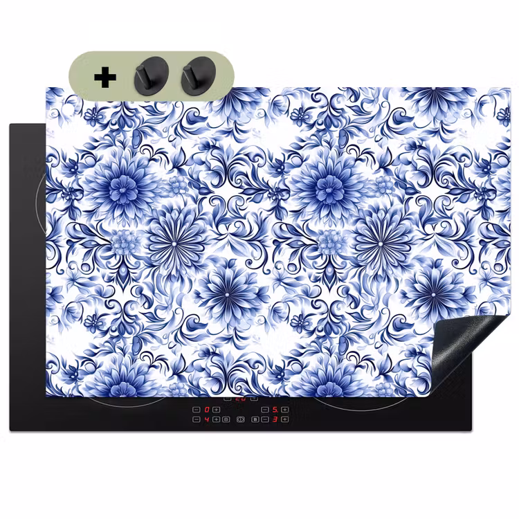 Bloemen - Blauw - Patroon - Wit Inductie beschemer met haakjes klein 777 -3d