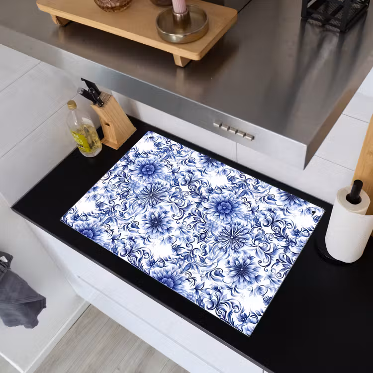 Bloemen - Blauw - Patroon - Wit Inductie beschemer met haakjes klein 777 -sfeer1
