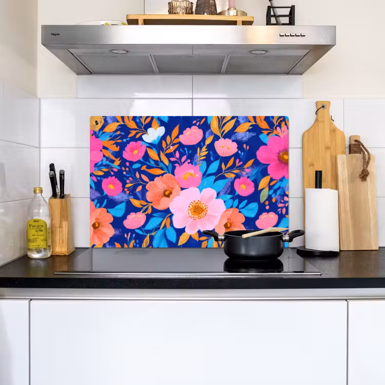 Bloemen - Blauw - Roze Inductie beschemer met haakjes klein -sfeer2