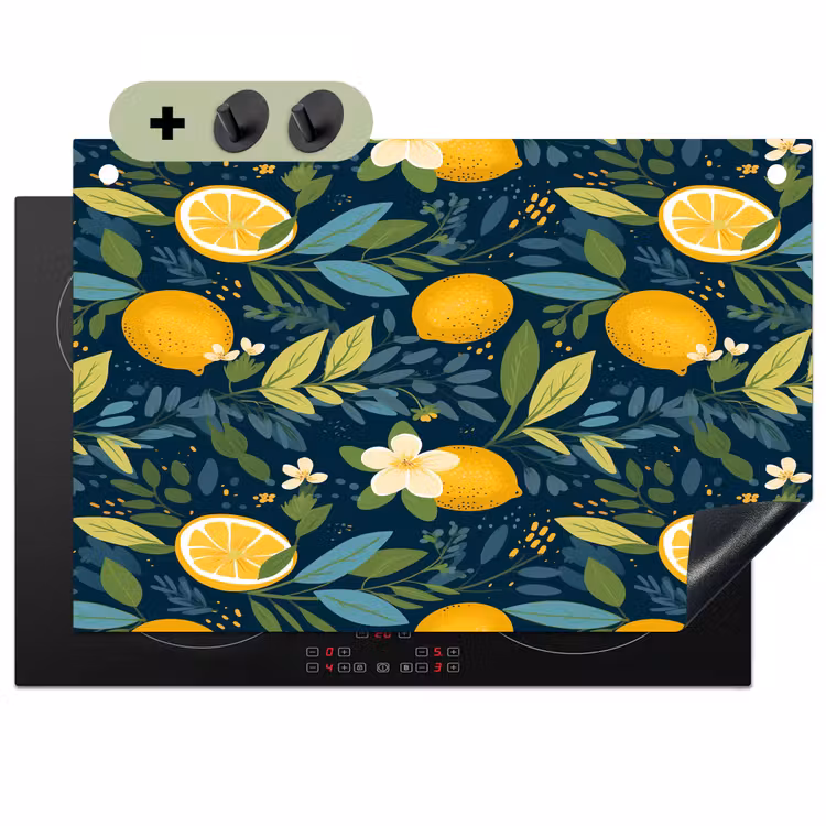 Bloemen - Bladeren - Citroenen - Blauw Inductie beschemer met haakjes klein 777 -3d
