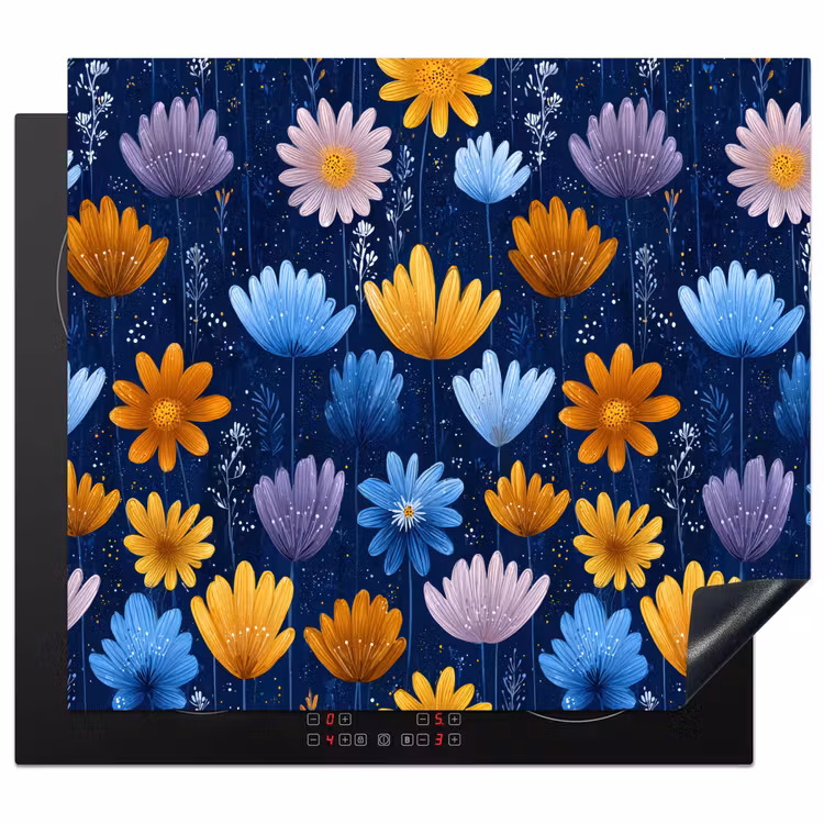 Bloemen - Patroon - Blauw - Contrast Inductie beschermer vinyl 3mm middel -3d
