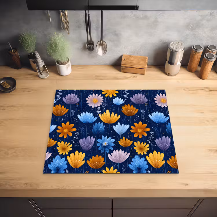 Bloemen - Patroon - Blauw - Contrast Inductie beschermer vinyl 3mm middel -sfeer5