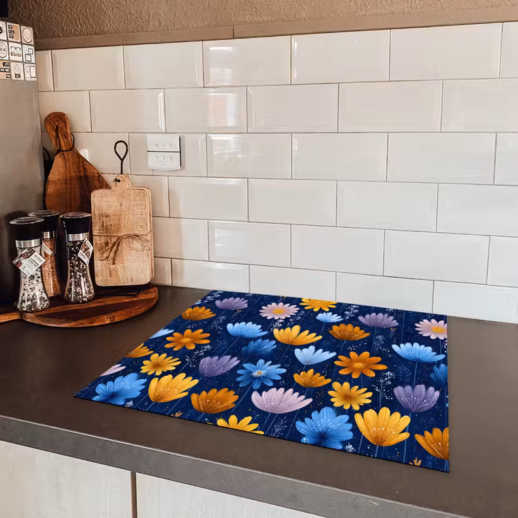Bloemen - Patroon - Blauw - Contrast Inductie beschermer vinyl 3mm middel -sfeer3
