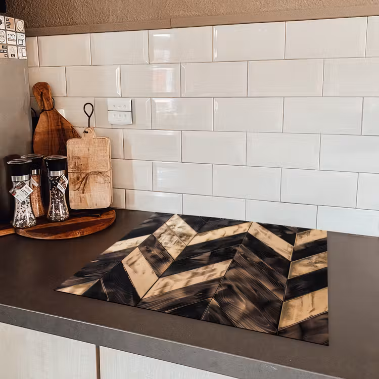Geometrisch Houtmozaïek Inductie beschermer vinyl 3mm middel -sfeer3