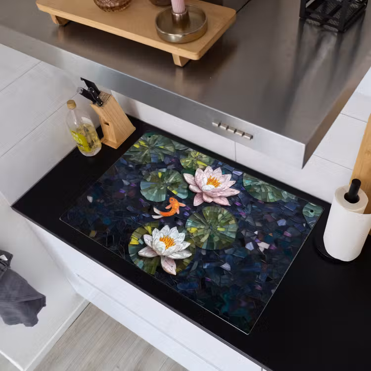 Glasstukjes - Leliebladeren - Vis - Oranje Inductie beschemer met haakjes klein -sfeer1
