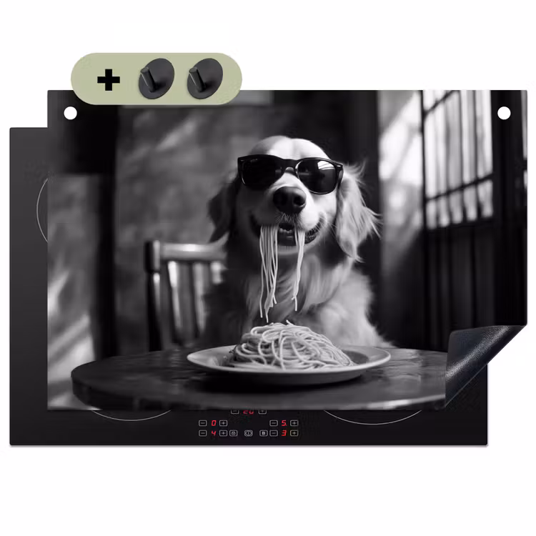Golden Retriever - Hond - Vrolijk -  Bord spaghetti - Zwart - wit Inductie beschemer met haakjes klein -3d