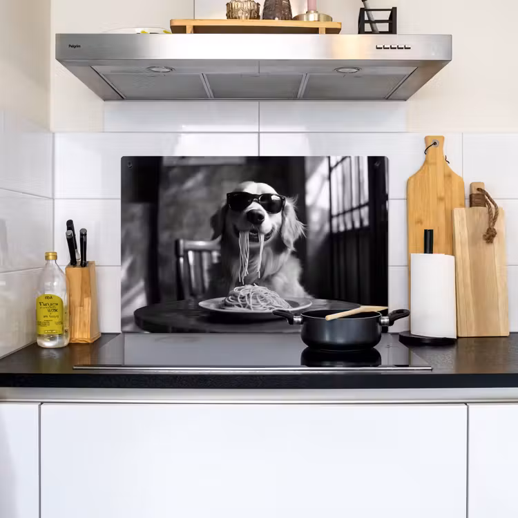 Golden Retriever - Hond - Vrolijk -  Bord spaghetti - Zwart - wit Inductie beschemer met haakjes klein -sfeer2