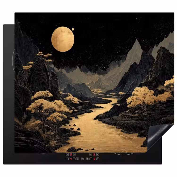Gouden rivier - Bergen - Maan - Sterrenhemel Inductie beschermer vinyl 3mm middel -3d