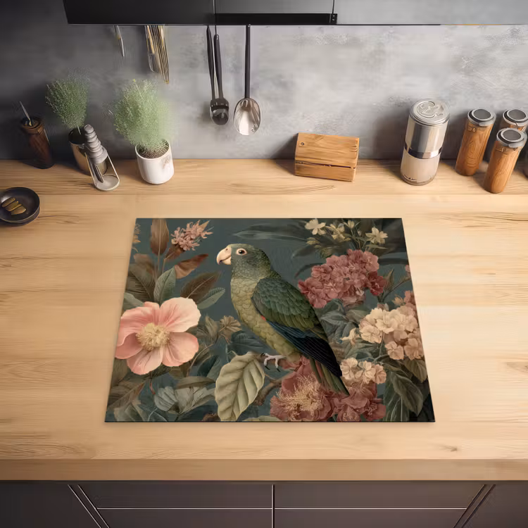 Groene papegaai - Kleurrijke bloemen - Donkere achtergrond Inductie beschermer vinyl 3mm middel -sfeer5
