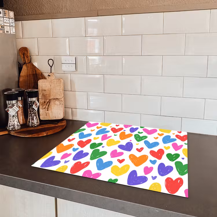 Hartjes - Patroon - Kleurrijk - Tekening Inductie beschermer vinyl 3mm middel -sfeer3