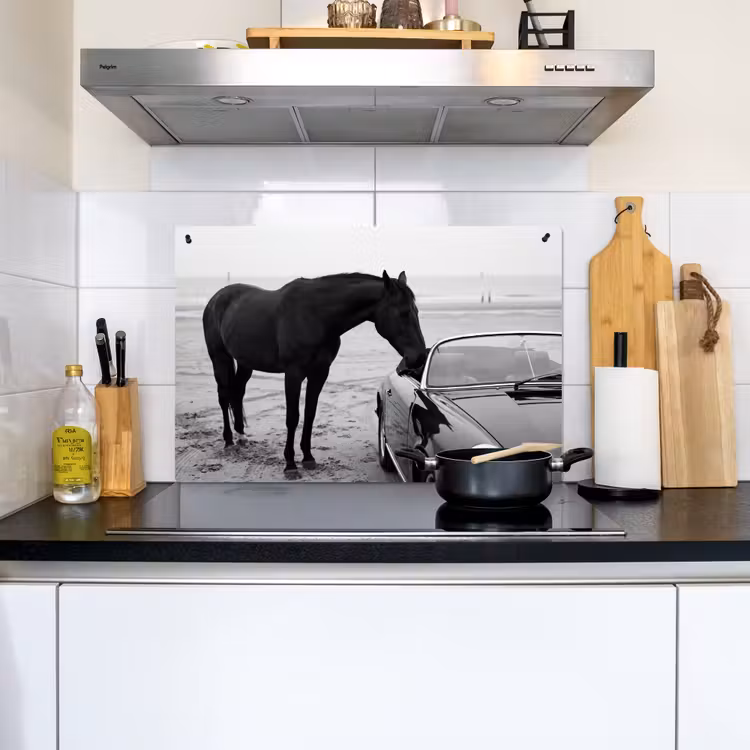 Paard - Auto - Zwart - Wit Inductie beschemer met haakjes klein -sfeer2