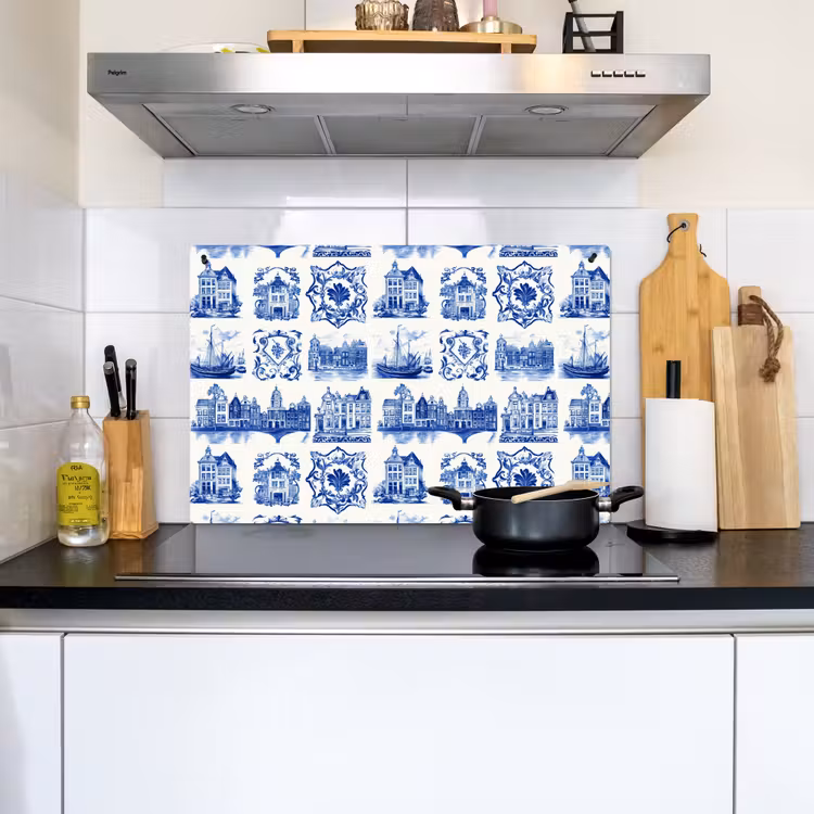 Huizen - Schepen - Blauw Inductie beschemer met haakjes klein 777 -sfeer2