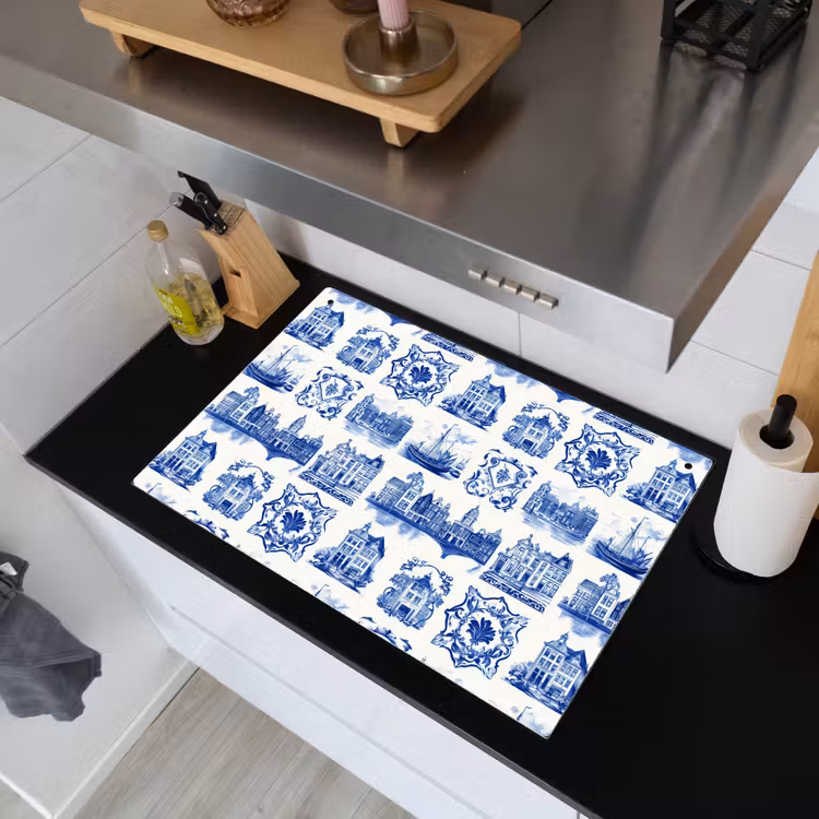 Huizen - Schepen - Blauw Inductie beschemer met haakjes klein 777 -sfeer1